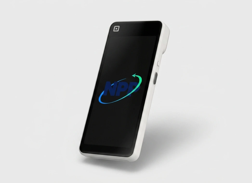 Square Handheld product render with an NPP mark on the screen