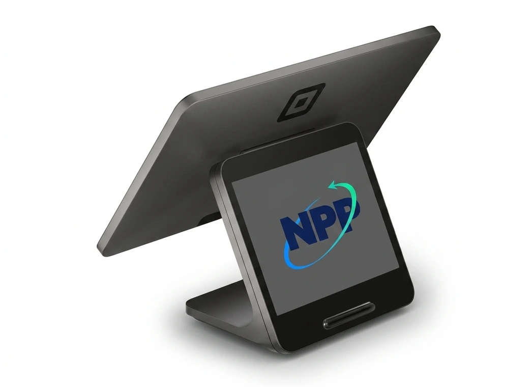 Square Register product render with an NPP mark on the customer-facing screen