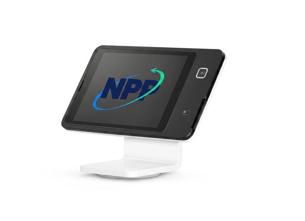 Square Stand product render with an NPP mark on the iPad screen